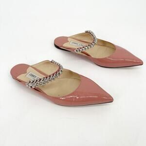 Jimmy Choo Ballet Pink Patent Leather Crystal Bing Pointed Toe Flat Mules 37.5